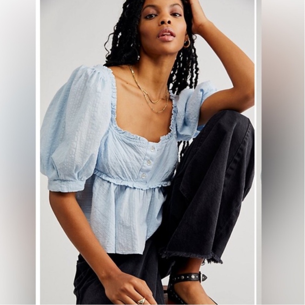 Free People Leave It To Me Babydoll Blouse Blue Top Size M